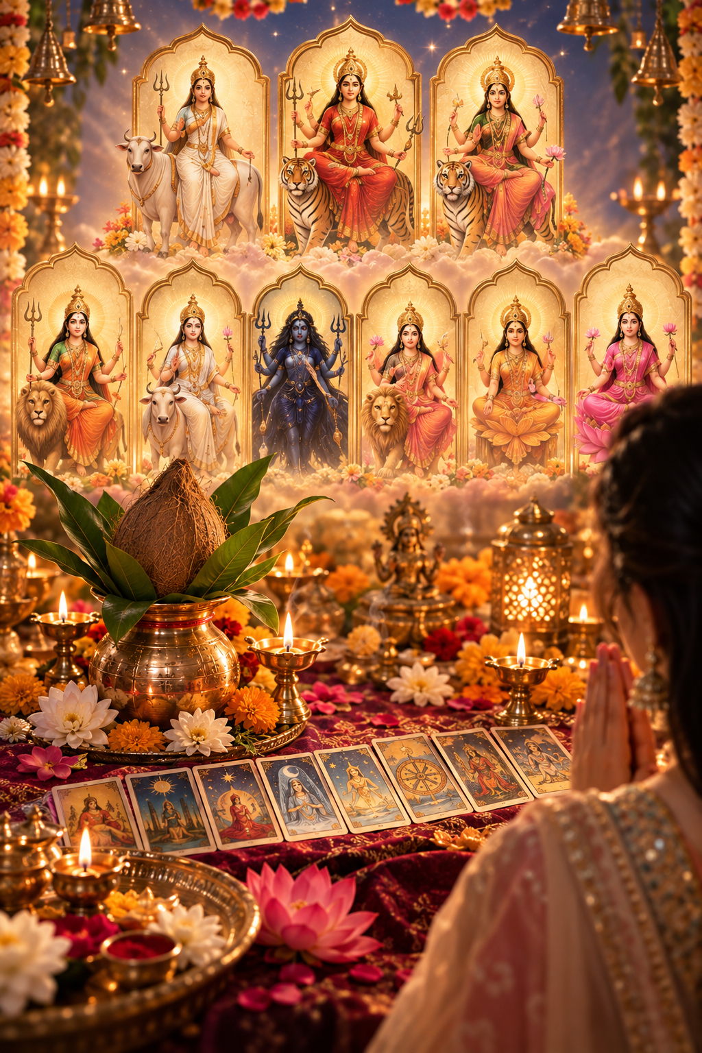 Nikitaa Jain with tarot cards and diya during Navratri — numerology and tarot guide to the nine nights